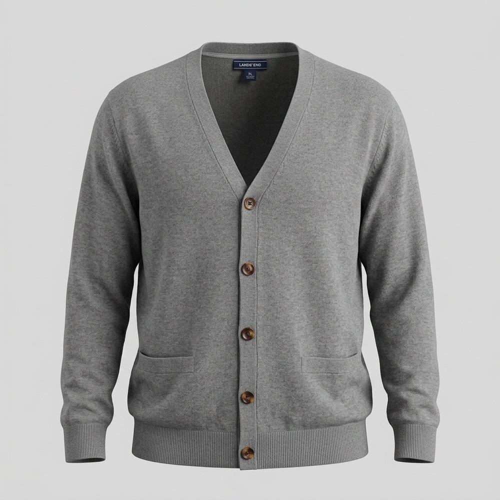 Lands End Mens XL Grey Cotton Cardigan Sweater Supima V-Neck Button Front